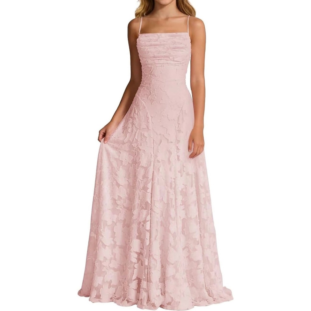 Pink Floral Jacquard Maxi Dress Lace Up Corset Back Formal Gown Spaghetti Strap